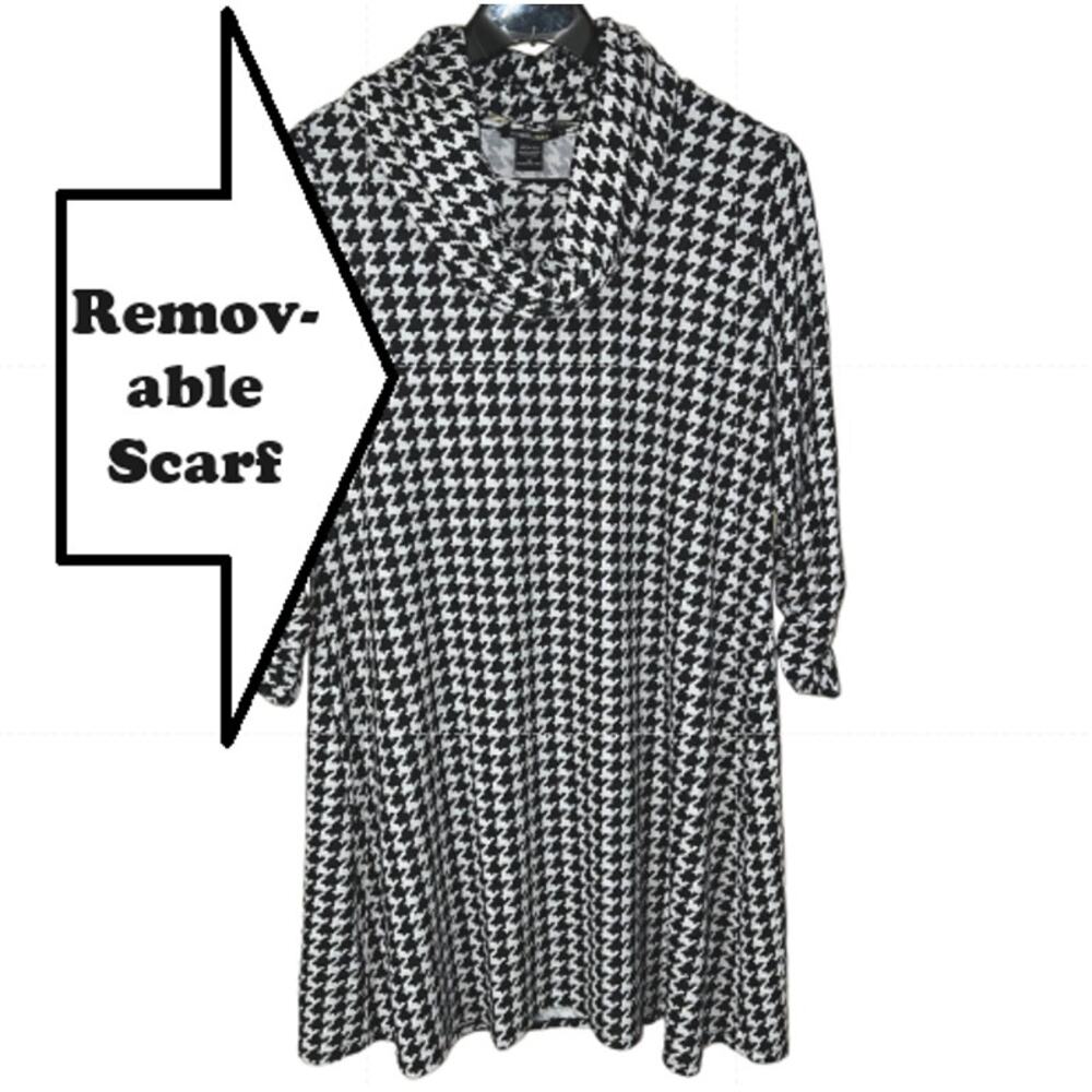Houndstooth 2X Comfort Swing DRESS A-Line Soft Stretch Knit Removable Scarf NEW